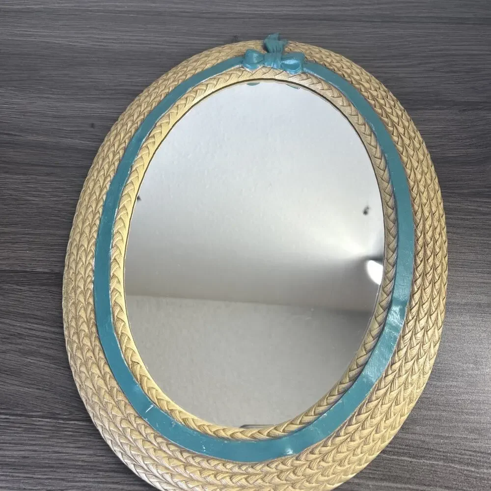 Vintage Burwood Faux Wicker Oval Mirror 2939 Teal Ribbon USA Wall Cottagecore